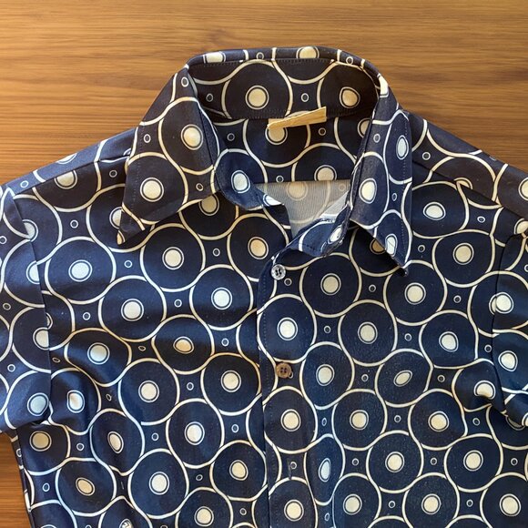Men's Retro 70s Vintage Disco Blue White Long Sleeve Button Up Shirt Size Small - Picture 4 of 4